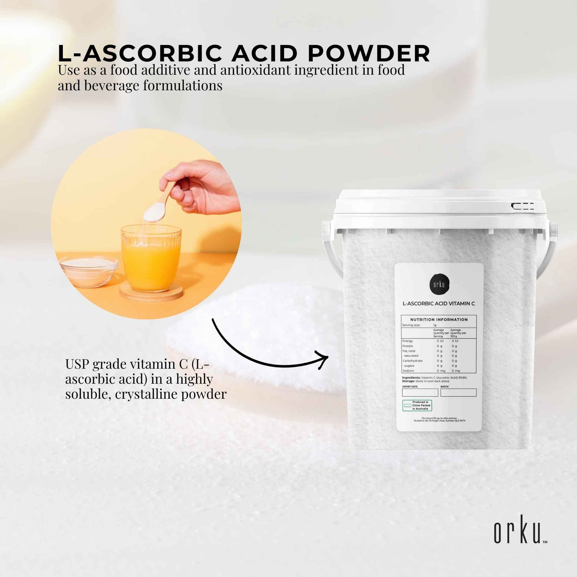 Orku 1.3Kg Vitamin C Powder in Tub Pure L-Ascorbic Acid - USP Grade Non-GMO-3