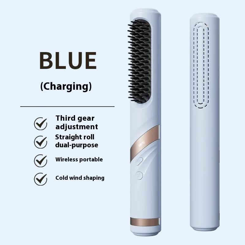 NNEDSZ Blue Portable USB Rechargeable Cold Wind Ionic Hair Straightening Brush, Multi-Functional Hair Straightener and Curler, Lightweight and Travel-Friendly-0