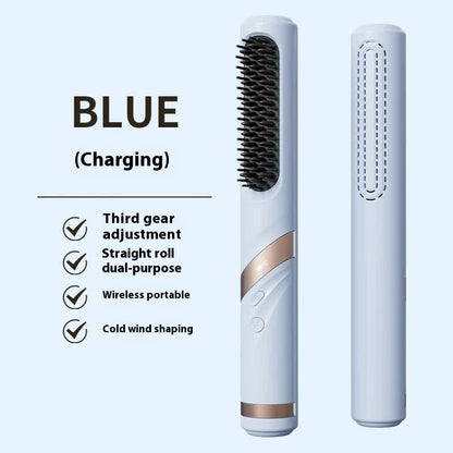 NNEDSZ Blue Portable USB Rechargeable Cold Wind Ionic Hair Straightening Brush, Multi-Functional Hair Straightener and Curler, Lightweight and Travel-Friendly-0