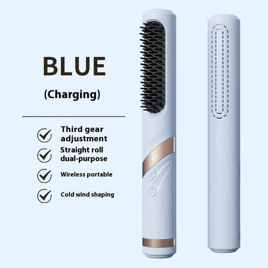 NNEDSZ Blue Portable USB Rechargeable Cold Wind Ionic Hair Straightening Brush, Multi-Functional Hair Straightener and Curler, Lightweight and Travel-Friendly-0