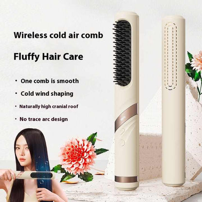 NNEDSZ Blue Portable USB Rechargeable Cold Wind Ionic Hair Straightening Brush, Multi-Functional Hair Straightener and Curler, Lightweight and Travel-Friendly-1