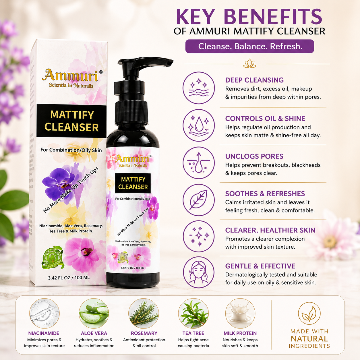 Mattifying Facial Cleanser for Oily Skin & Pore Control (100ml) | Ammuri-2