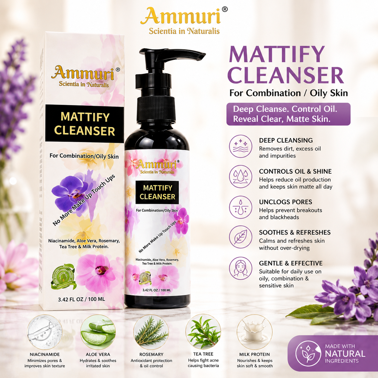 Mattifying Facial Cleanser for Oily Skin & Pore Control (100ml) | Ammuri-4