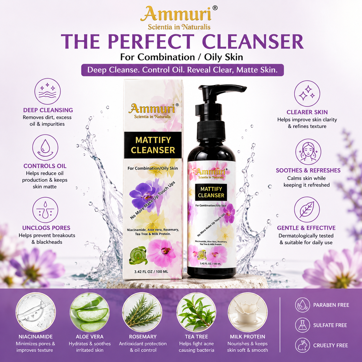 Mattifying Facial Cleanser for Oily Skin & Pore Control (100ml) | Ammuri-3